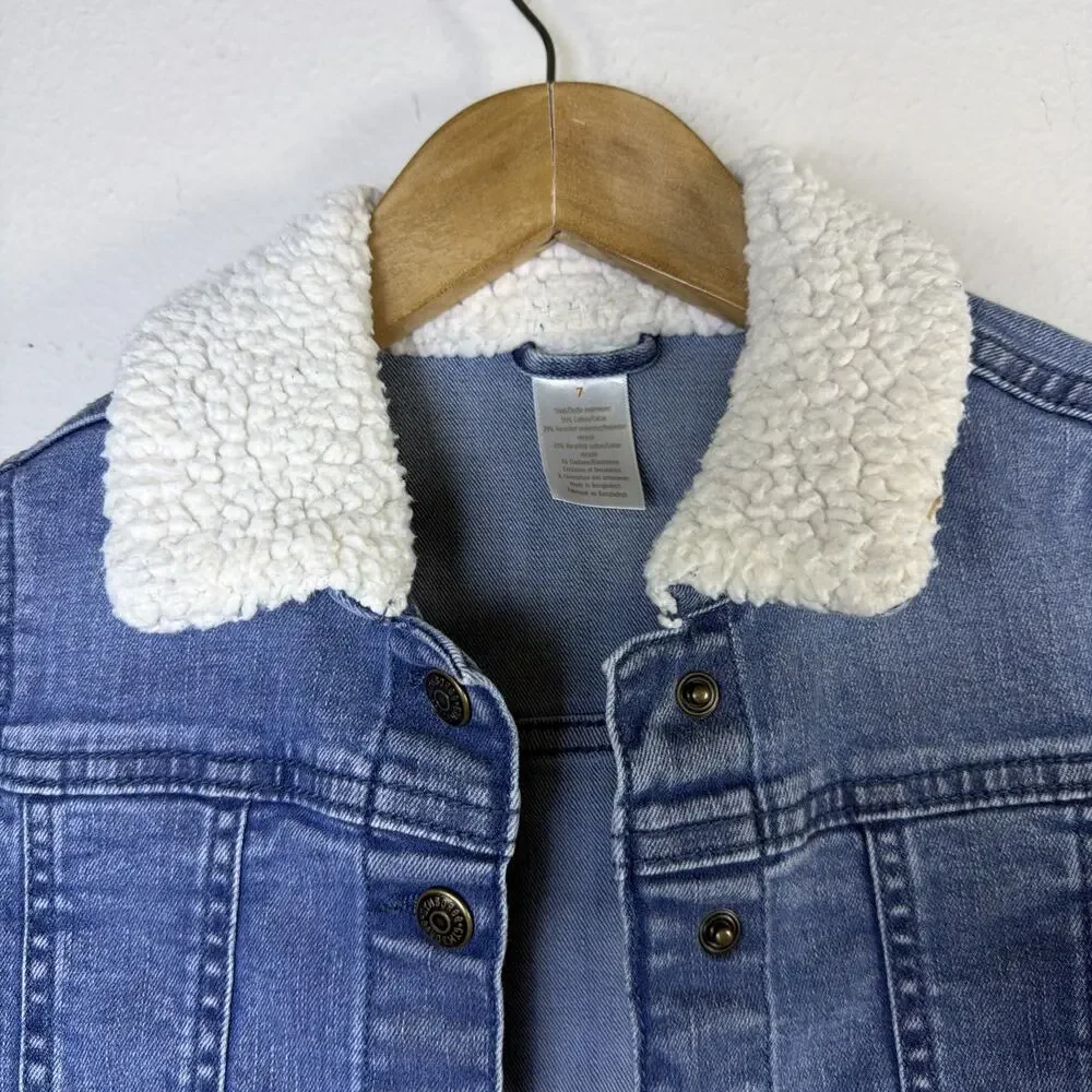 Gymboree Long Sleeve Appliqué Sunflower Girl’s Denim jean Jacket Size 7 sherpa